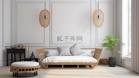 一家三代背景图片_现代热带客厅的 3D 渲染，配有三张沙发床和框架模型