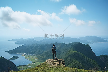 一个人在山顶上，背景是风景
