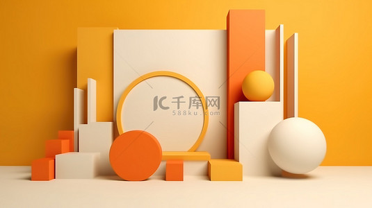 简约几何纹理橙色背景图片_奶油黄色和橙色的简约几何形状 3D 渲染抽象墙壁艺术