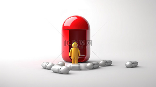 医生医院卡通背景图片_健康象征主义 3D 人物拿着胶囊丸在白色背景下