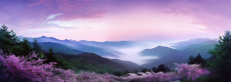 远处有紫色的花草树木的风景