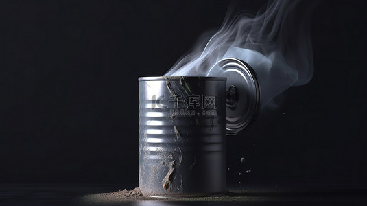 在黑暗工作室无品牌 3D 渲染中，冷蒸气从孤立的铝锡罐中逸出