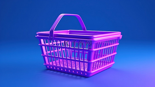 3d 渲染购物概念与蓝色和紫色背景的杂货篮