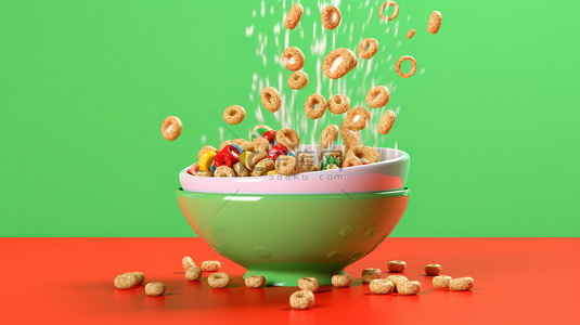 营养早餐背景图片_3D 渲染柔和的谷物落入充满活力的红色背景上装满牛奶的绿色陶瓷碗中