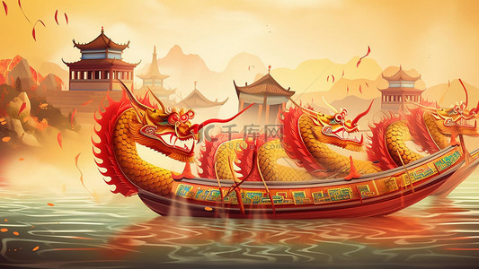 龙爪卡通背景图片_端午节传统红色的龙舟