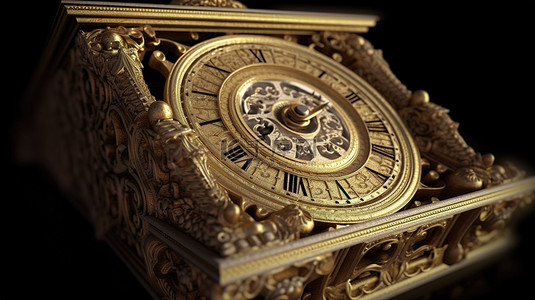 3d 渲染中的老式黄金时代时钟古董横向定位