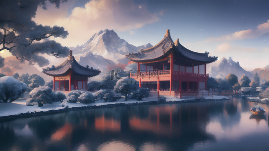 中国风国潮建筑背景图片_楼阁湖水山树