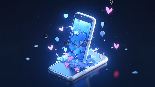 蓝色背景中 3D 智能手机上方漂浮的爱