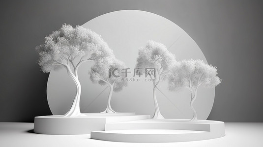 白色舞台背景图片_树装饰 3d 渲染讲台与白色舞台