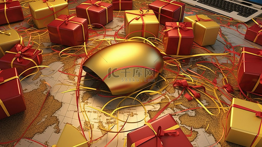 以欧洲为中心的地球仪，以 3D 形式呈现礼物，并连接到金色和红色的电​​脑鼠标
