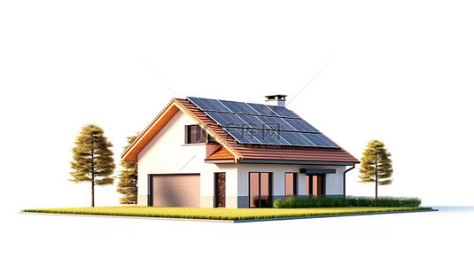 一个不能少背景图片_绿色平台上的生态友好型住宅，配有太阳能电池板 3D 渲染白色背景的住宅建筑