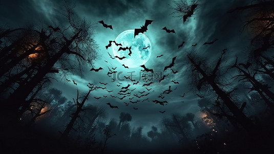 万圣节夜晚月亮背景图片_恐怖的夜晚满月蝙蝠和充满活力的 3D 万圣节横幅