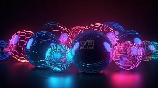 3D 渲染霓虹灯照明几何背景与装饰球体