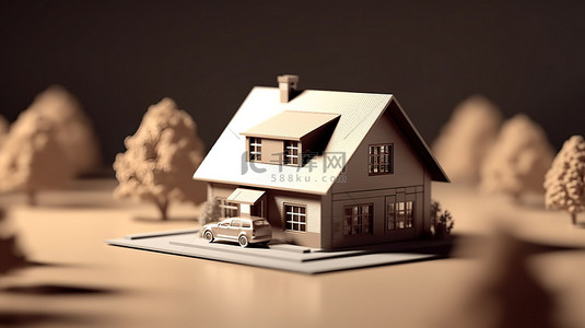 出租房屋背景图片_棕色单色微型房屋模型 3D 渲染中的房地产