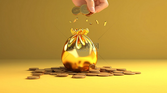 钱袋金币背景图片_3d 插图卡通手用金币和钱袋在存钱罐里存钱