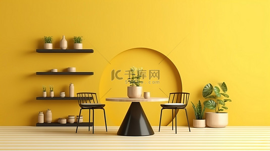 高架讲台化妆品展台展示餐厅家具，配有充满活力的黄色墙壁背景 3D 渲染