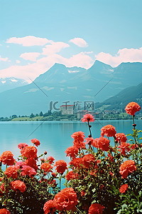 大湖前景中的红色花朵，背景是山脉
