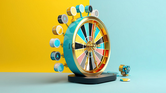 桌卡蓝色背景图片_浅蓝色背景下的老虎机和轮盘赌轮的 3d 渲染，带有黄蓝色和白色色调