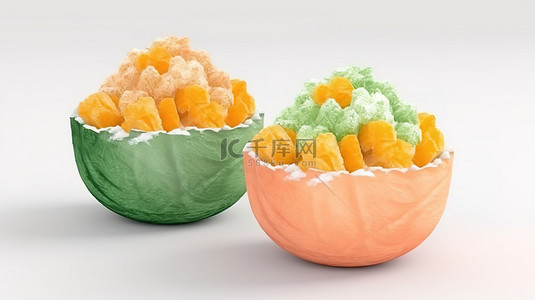 卡通风格 3d 渲染绿色和橙色甜瓜 bingsu 白色背景刨冰