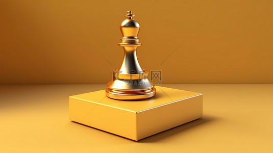 金色国际象棋女王放置在闪亮的讲台上的 3D 渲染图标