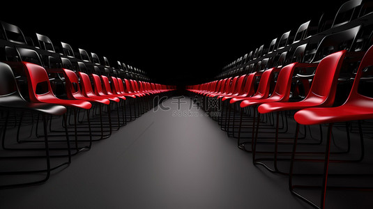 会议礼堂背景图片_在 3D 中可视化黑色座椅阵列和大胆的红色座椅