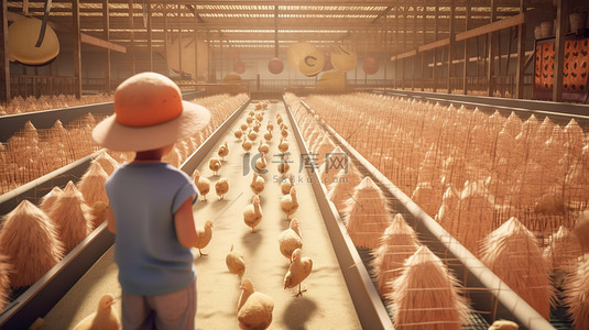 一个小男孩戴着草帽在农场照顾家禽的 3D 渲染