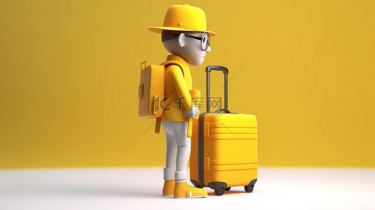 卡通旅游旅行者带着亮黄色手提箱行走的 3D 渲染
