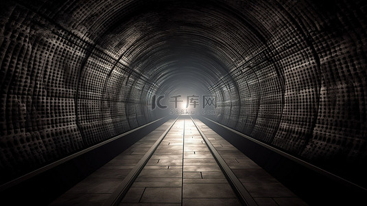 3d 渲染中带照明出口的黑暗铁路隧道
