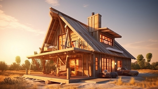 村庄风景背景图片_具有现代室内设计的简单别致木屋的 3D 插图