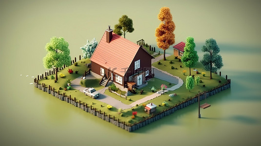 以迷人房屋为特色的乡村主题等距景观的 3D 渲染
