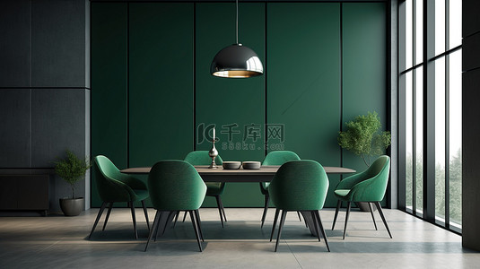 1 现代简约工作室餐厅的 3D 渲染插图，配有豪华桌子和绿色椅子