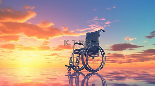 数字创建的超现实日落景观中的静音轮椅
