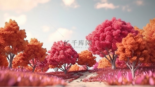 插图 3D 渲染背景与秋叶树木和灌木