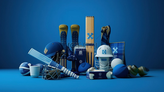 板球背景图片_蓝色背景，带有苏格兰板球队的 3D 渲染，配有完整的锦标赛装备