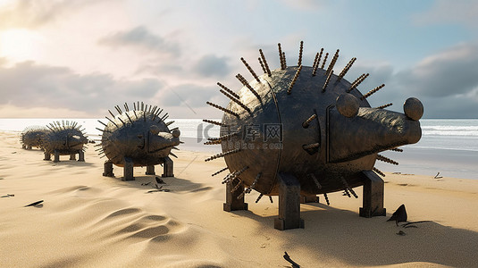 背景为海洋的沙滩上由黑色金属和铁丝网制成的反坦克刺猬路障的 3D 渲染
