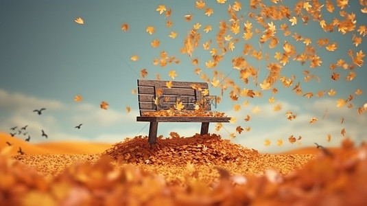 微风徐徐的秋景中，树叶落下的长凳的 3D 插图