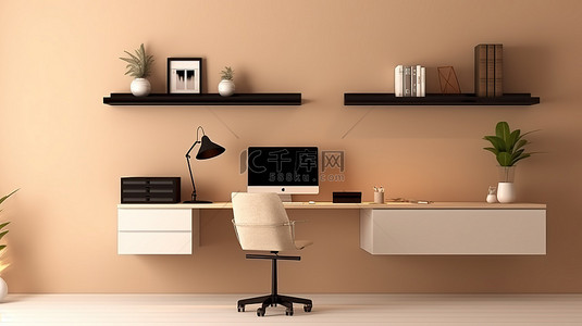 棕色主题家庭办公室的现代工作空间，桌上有一台电脑 3D 渲染