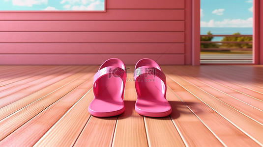 旅行粉色背景图片_带拖鞋的粉色木地板的 3D 渲染