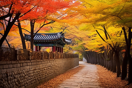 秋天旅游背景图片_韩国 秋天的落叶 秋天的路