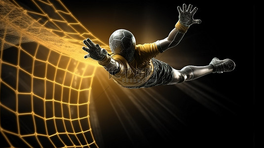 3d 渲染图像守门员跳跃拦截飞入网的足球