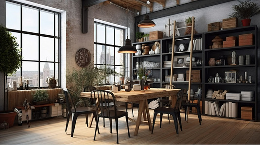 带餐桌椅和储物架的温暖阁楼的 3D 渲染