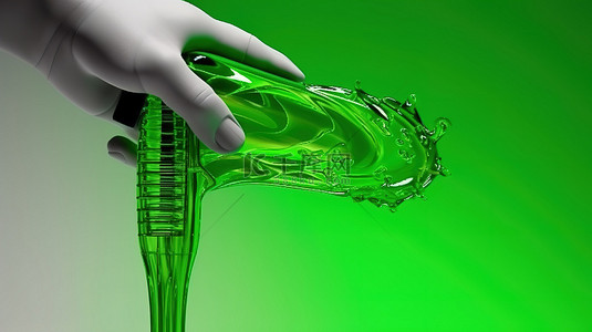 手握油溅3D渲染的绿色气泵喷嘴