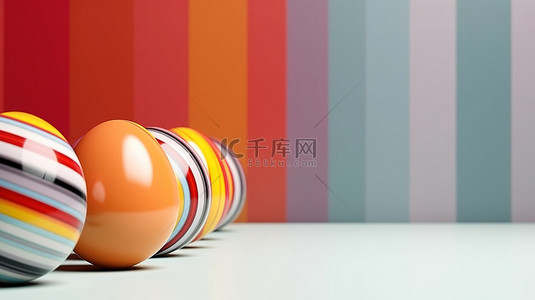 鸡蛋背景图片_彩色复活节彩蛋装饰有条纹线 3D 横幅插图和复制空间