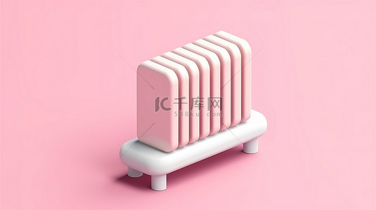 等距白色老式散热器的 3D 图标，带有白色和粉色家用物品