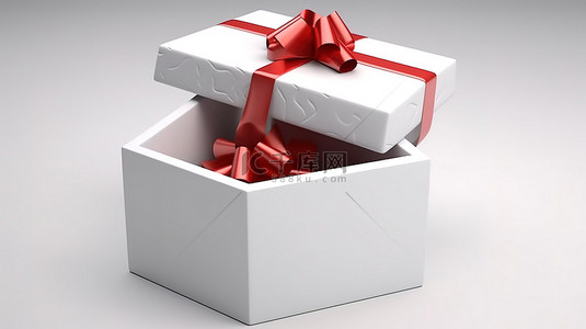 带红色蝴蝶结和问号的孤立白色礼品盒的 3D 渲染