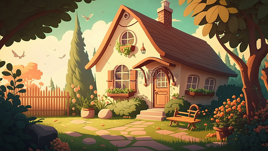 卡通森林房子背景图片_木屋树林植物卡通背景
