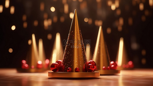 旅游小红书背景图片_闪闪发光的金色讲台和喜庆的金色红色锥形圣诞树装饰着小玩意儿星星和 3D 渲染中的散景效果