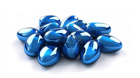 糖罐背景图片_白色背景与蓝色巧克力糖果宝石的 3d 插图