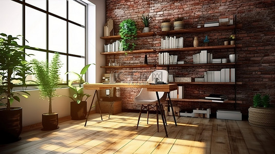 带砖墙和木地板的家庭办公室的 3D 渲染