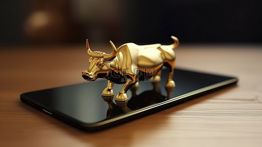 股票牛市背景图片_放置在平板电脑上用于业务内容的金牛的 3D 渲染